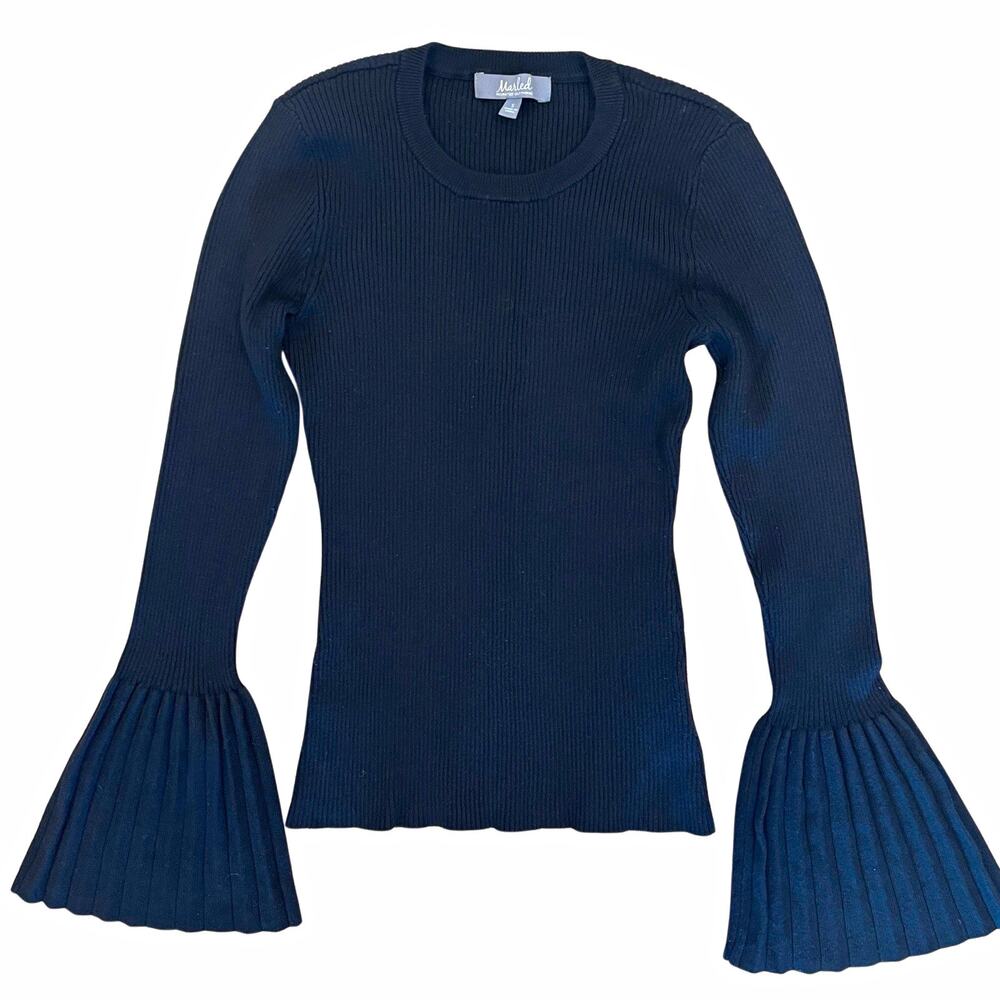 Marled Reunited Clothing Women Black Rib-Knit Pleated Bell Sleeve Sweater S